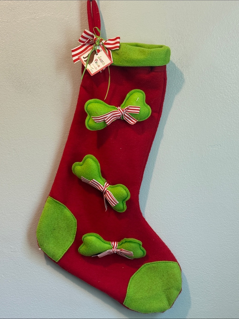 Mud Pie Dog Pet Stocking Santa Paws Red and Green Holiday Stocking Bow Accents
